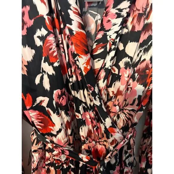 Lane Bryant Blouson-Sleeve Shawl-Collar Faux-Wrap Midi Dress Ikat Floral NWT 18 - Picture 5 of 8